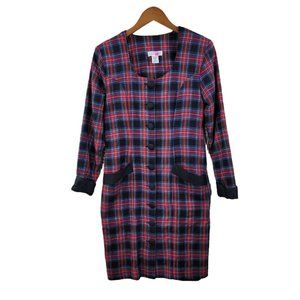 Vintage Sheath Dress size 6/8 Christmas Plaid holiday button up Pockets pinup